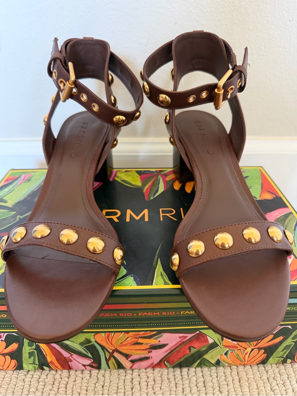 FARM Rio Brown Leather Studded Block-Heel Sandals with Gold Accents